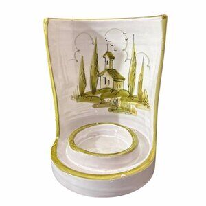 Hand-Painted Ceramic Candle Holder With Scenic Church & Trees Design White & Oli